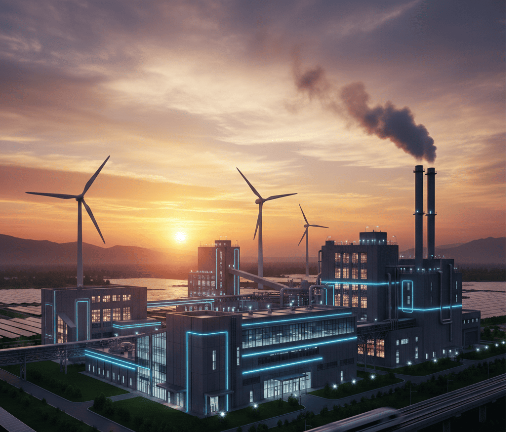 Современный промышленный комплекс на фоне заката, символизирующий рост и эффективность.